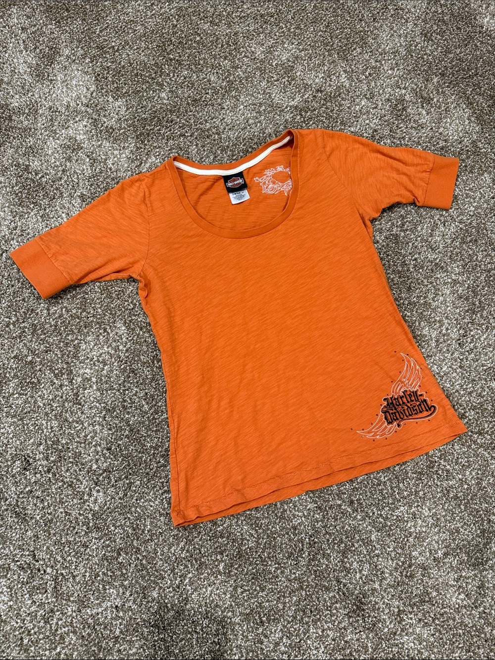 Harley-Davidson Orange Women's Scoop Neck Tee with Wing Graphic
